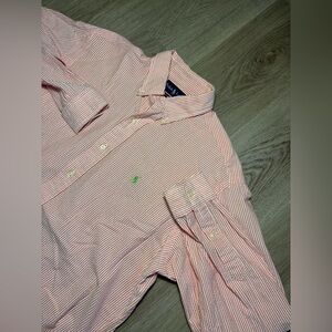 Ralph Lauren Seersucker Long Sleeve Pink White Striped Button Up Shirt Mens Med